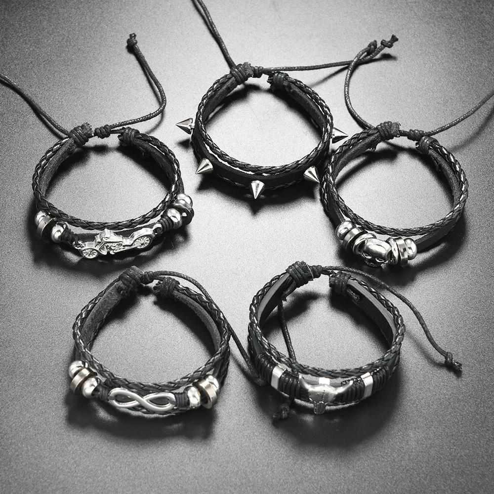 Men's Western Denim Wind Bullhead Motorcycle Accessories Bracelet, European and American Skull Leather Woven Bracelet Accessories