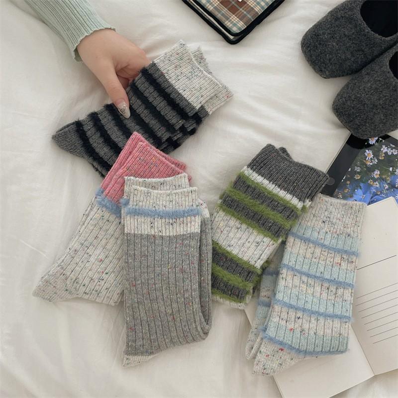 Mink Fleece Dot Yarn Thick Line Striped Socks For Women Thicken And Warm Korean Contrast Dot Yarn In The Middle Tube Stack Socks