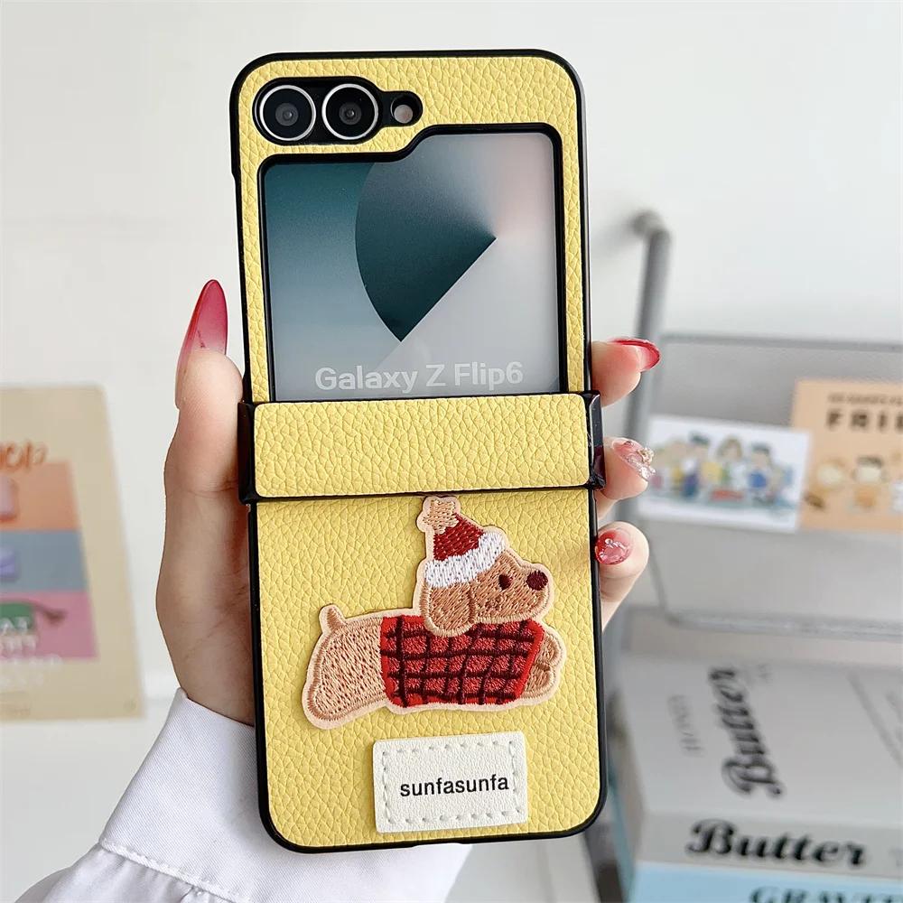 Luxurious Cute Cartoon Sausage Dog PU Leather Phone Case for Samsung Galaxy Z Flip 7 6 5 4 3 Hinge Shockproof Protective Cover