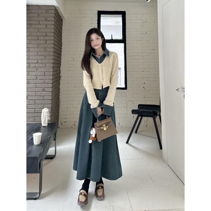 Dámská elegantní džínová patchworková souprava: Pletený top s dlouhým rukávem a midi sukně s vysokým pasem