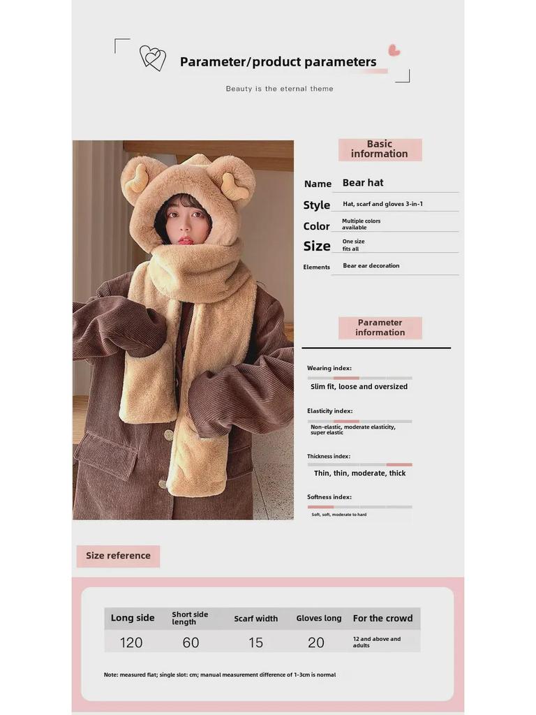 Conjunto de Invierno para Mujer de Gorro, Bufanda y Guantes de Osito: Trío de felpa acogedor, elegante y cálido