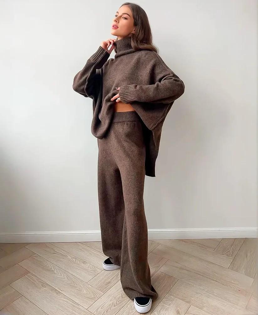 2025 Autumn/Winter Casual Solid Color Knitted Sweater Set: Loose High Neck and Pants