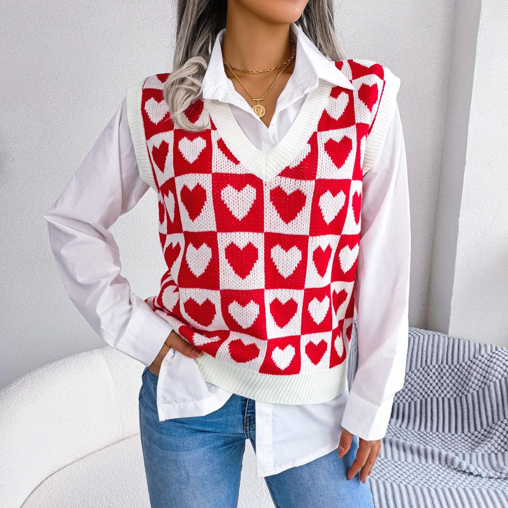 Damen Herbst- und Winter Strickpulloverweste mit Liebesmuster