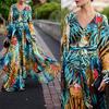 Übergröße Böhmisches Strand Damen Blätterdruck V-Ausschnitt Lange Laternenärmel Maxi-Kleid