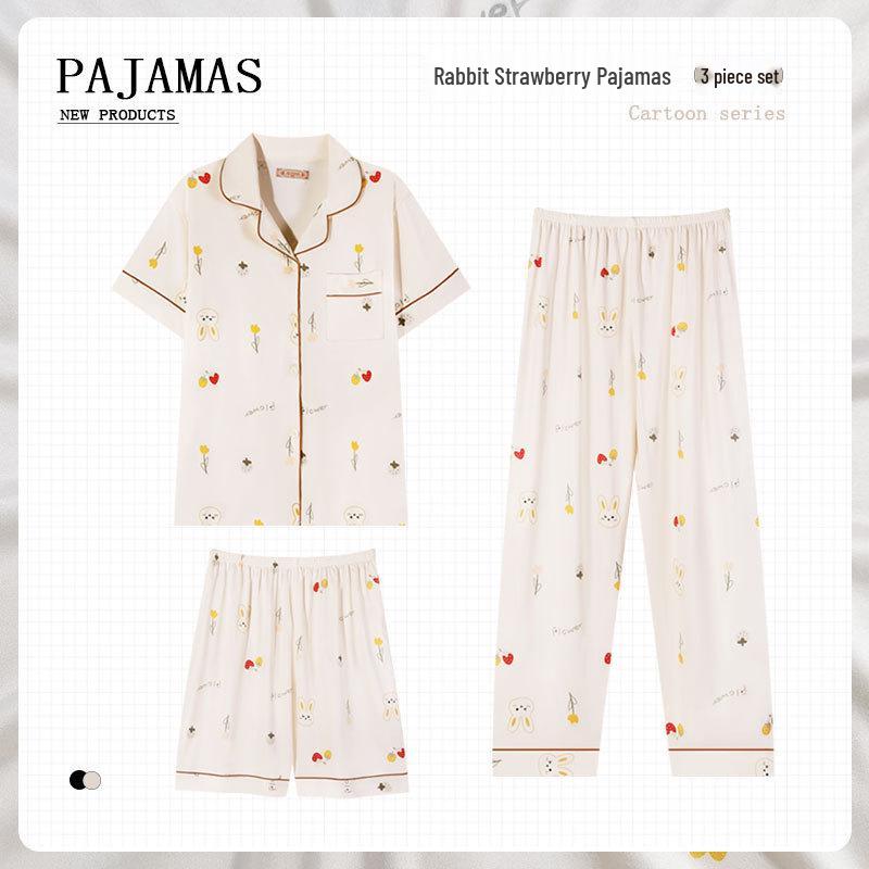 Pastoral Women's Pajama Set: Soft, Cute Rabbit Design, Short-Sleeve, Casual Three-Piece Loungewear.