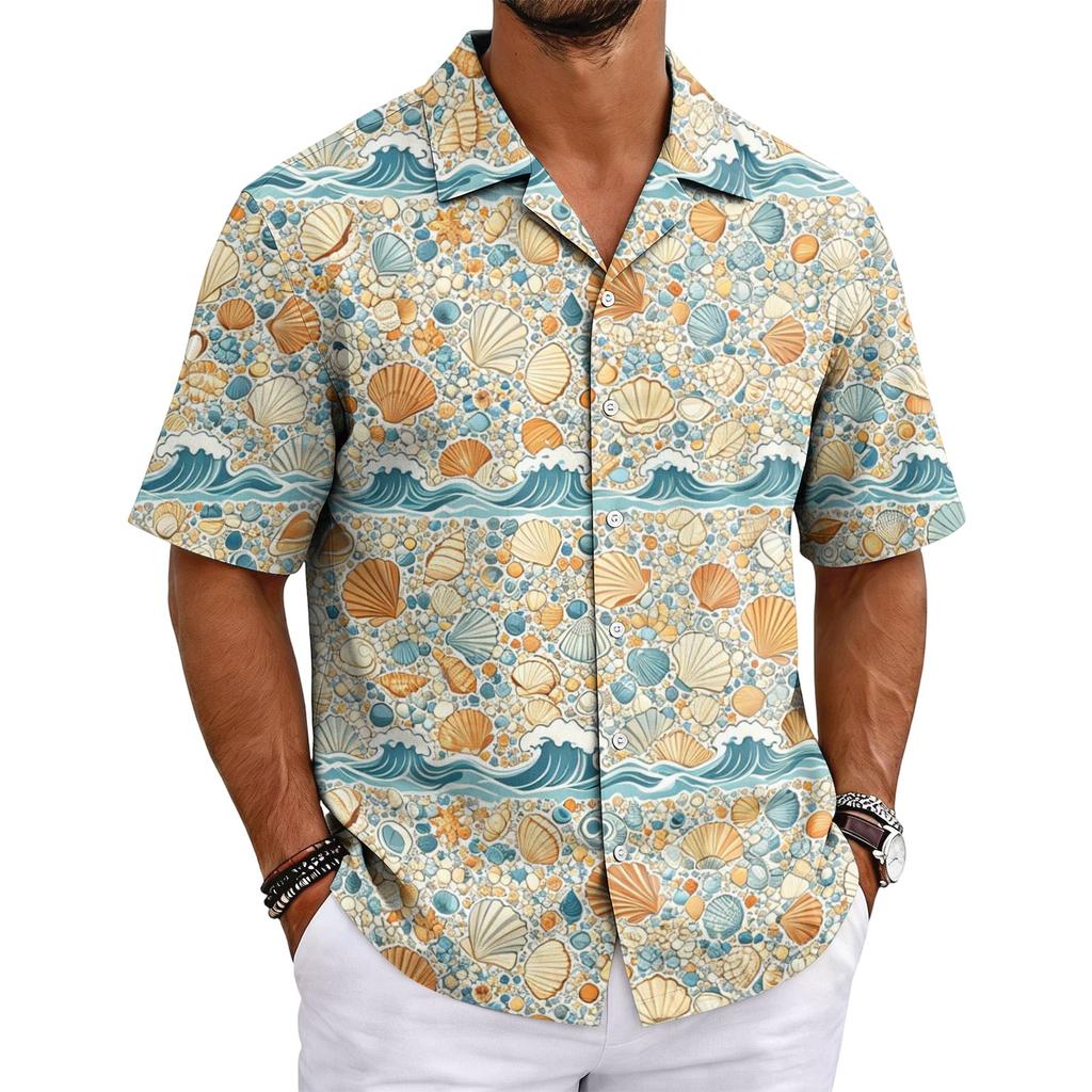 Men's Summer Short Sleeve Cuban Collar Shirt Casual Button Down Lightweight Breathable Fabric Beachwear Shirt