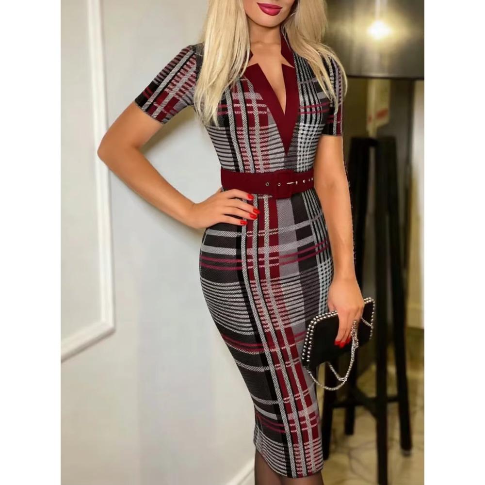 Elegant Plaid Bodycon Dress V Neck Long Sleeve Women's Clothing Without Belt Classic A-Line Midi Dress for Women
