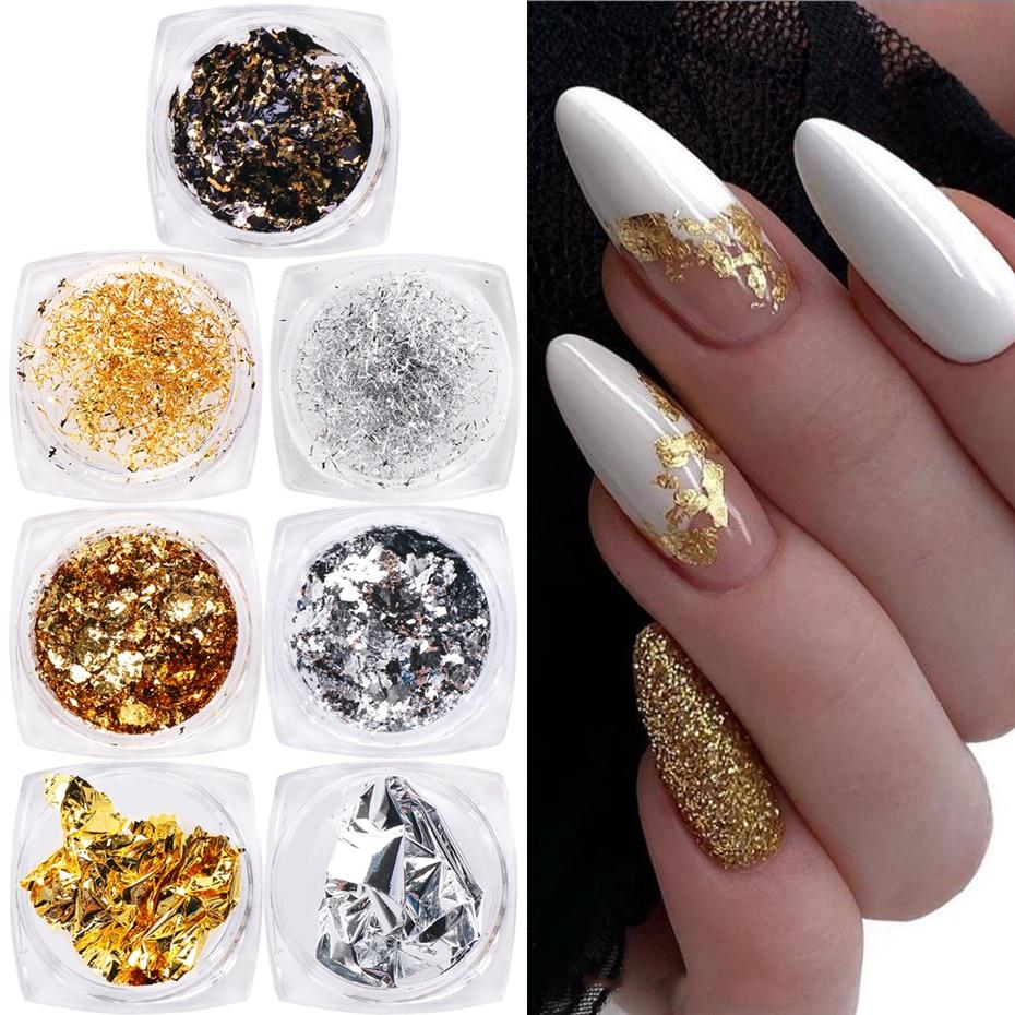 Xiaomi 7 Boxes Aluminum Nail Flakes Foils Set Gold Silver Irregular Paillette Nail Art Sequins Decorations Glitter Sticker for Manicure