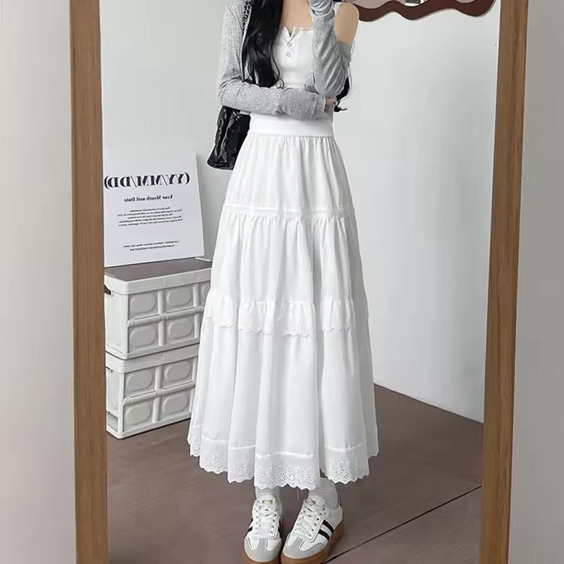 Women s Spring/Summer Lace Tiered Midi Skirt: High-Waisted, Slimming, Ballet-Style A-Line Skirt S