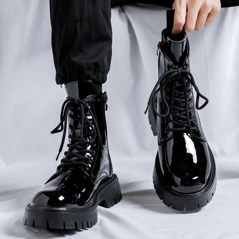 Fashion 2025Leather Boots for Men Round Toe Mid Calf Lace Up Height Increasing Spring Autum Newest Sewing Casual Fashion Shoes