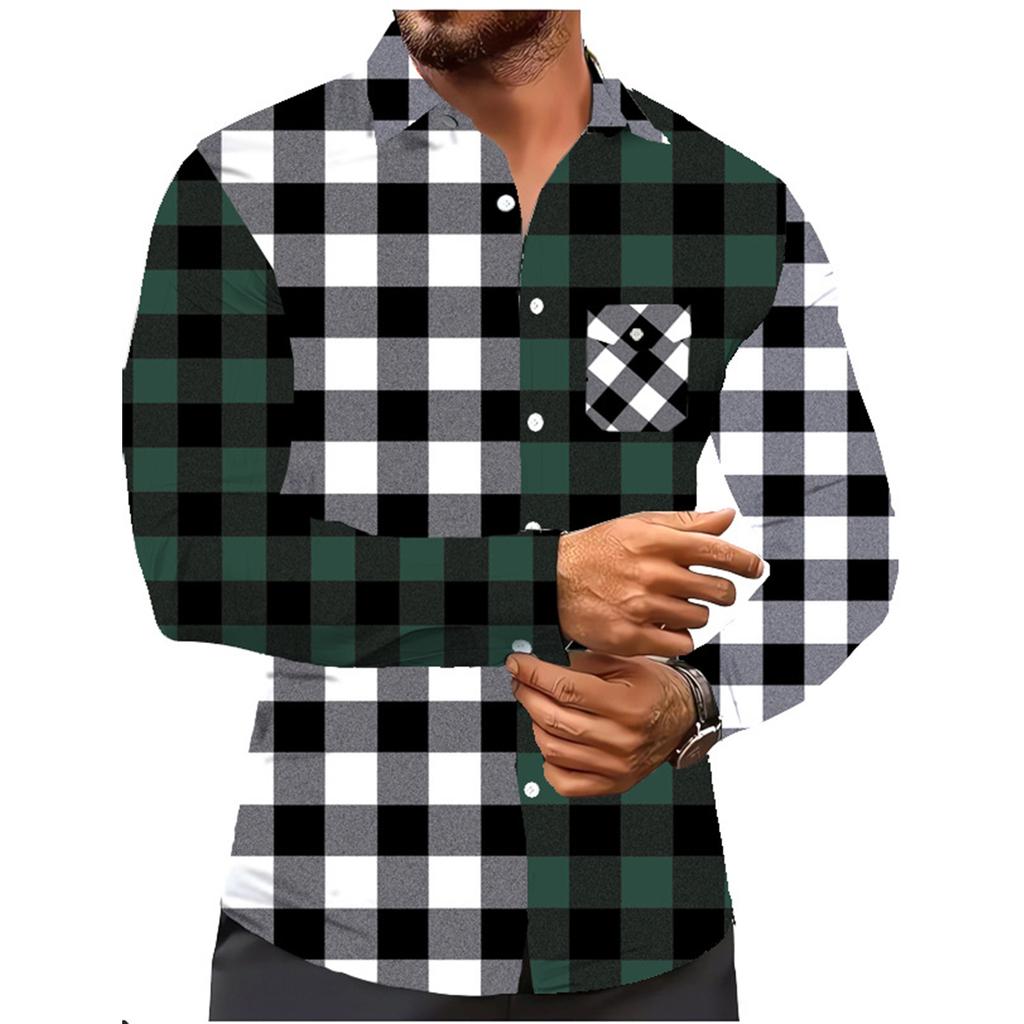 Men's Color Blocking Plaid Trendy Fashion Loose Drop Shoulder Lapel Long Sleeve Shirt