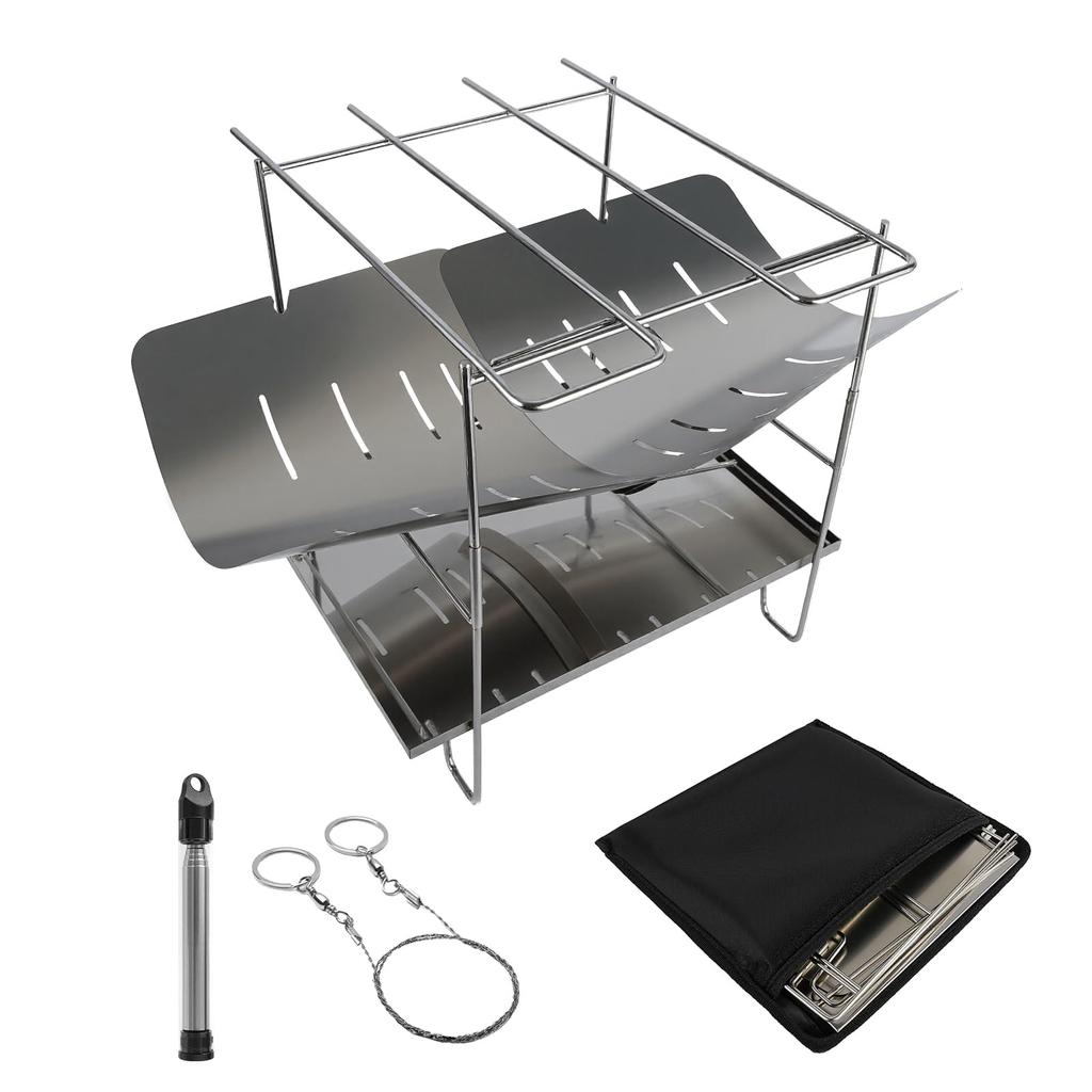 Voocye Compact Camping Fire Pit, Solo BBQ, Foldable, Lightweight, Stainless Steel, with Storage Bag