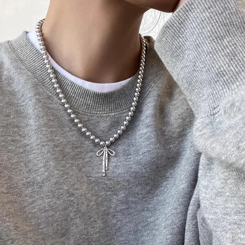 Pearls Bowknot Gray Tie Pendant Earrings Necklace for Women Girls Graceful Butterfly Choker Chain  Gift Accessories Gifts