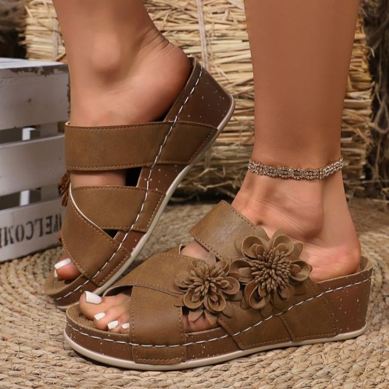 

Модные женские сандалии на танкетке с цветами, летние, для улицы, винтажные, с перекрестным ремешком, с открытым носком, противоскользящая толстая подошва, повседневные женские 43 коричневый
