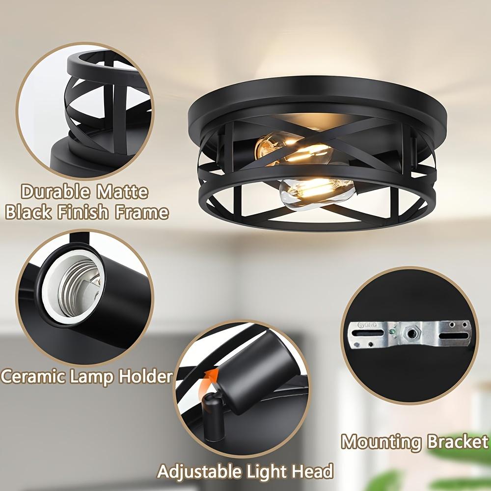 Metal Black Cage Farmhouse Flush Mount Ceiling Ligh, Industrial Close To Ceiling Light, Rustic Style, IP44, Suitable for Hallway, Kitchen, Bedroom, En