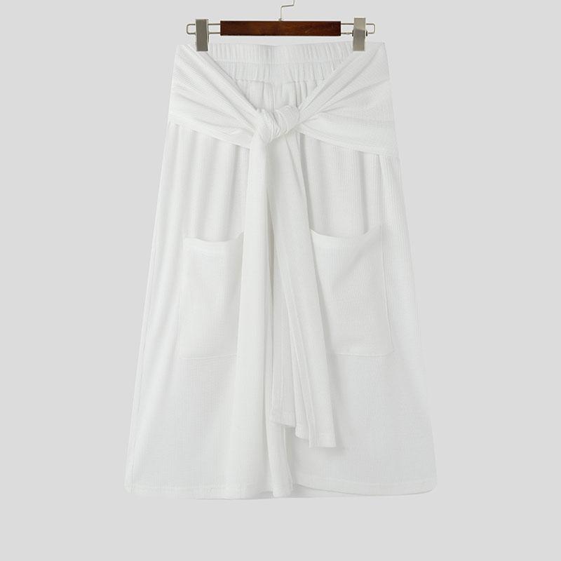 

INCERUN Men High Waist Belt Front Pockets Splits Semi-Sheer Kilt Skirts S белый