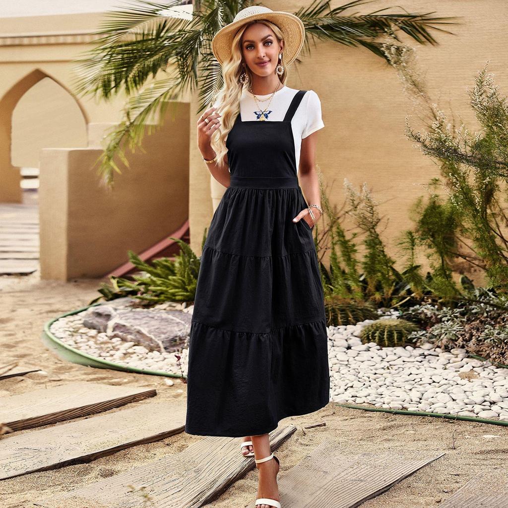 Damska letnia halterowa jednokolorowa elegancka sukienka z paskiem w talii na co dzień