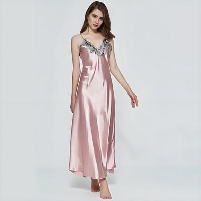 Camisola de Cetim e Renda Feminina Alça Espaguete Sem Mangas Vestido Slip Macio Decote V Máxi Roupa de Dormir Camisola Sedosa