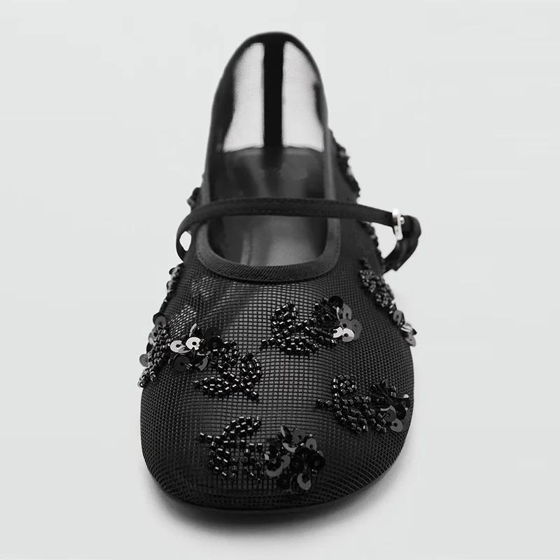 Fashion Comfort Mesh String Bead Brand Ballet Flats Women Luxury Sequins Buckle Mary Jane Shoes Fashion Round Toe Shallow Designer Shoes