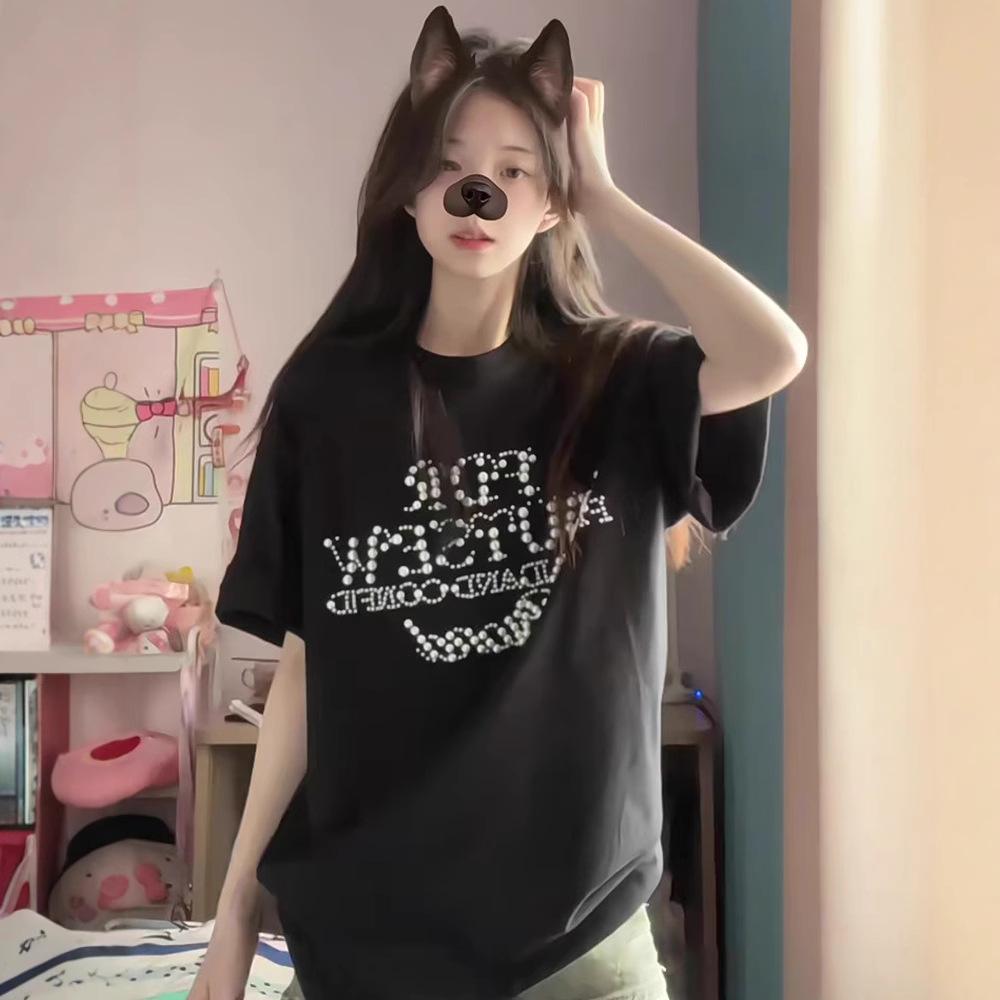 

Women s Black Retro Pearl Beaded Cotton T-Shirt - Summer 2025 Trend M