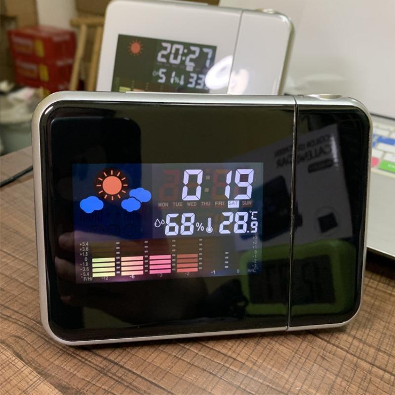 1Pc  Technology Weather Station Projection Clock Creative Time Projection LED Color Perpetual Calendar Weather Display Electronic Alarm Clock