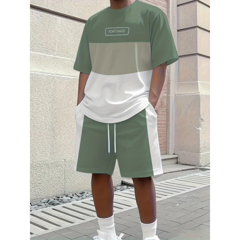 2026 Casual Men's Set Summer Apparel Color-Blocked Short-Sleeve Top Relaxed Drawstring Shorts Stylish Streetwear Ensemble
