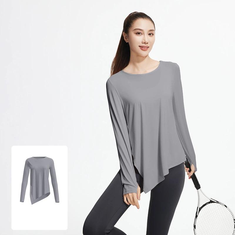 

2026 New Summer Ice Silk Long Sleeved Yoga Tops for Women Cool Breathable Loose Slit Yoga Blouses XXL
