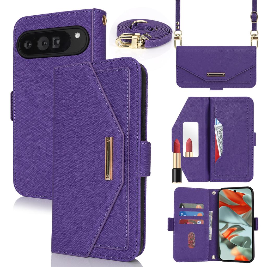 For Google Pixel 9 Pro XL Stand Case Cross Texture PU Leather Wallet Phone Cover with Shoulder Strap/Makeup Mirror
