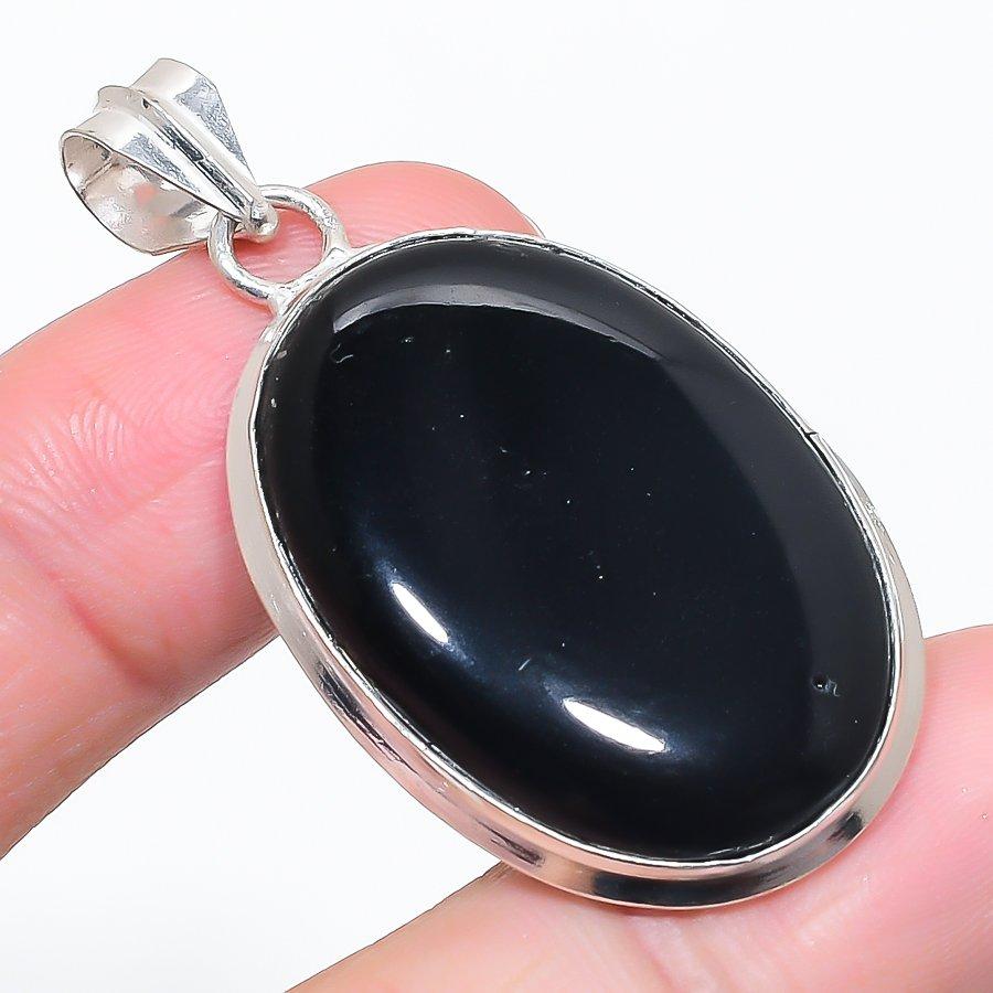 Natural Black Onyx Gemstone 925 Sterling Silver Jewelry Pendant 2.01" m9d60