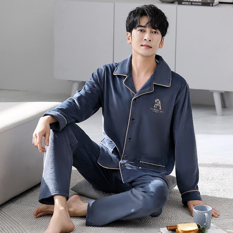 Coral Fleece Pajamas Men'S Autumn And Winter Simple Cardigan Large Size Loungewear Thin Fleece Island Fleece Warm Suit