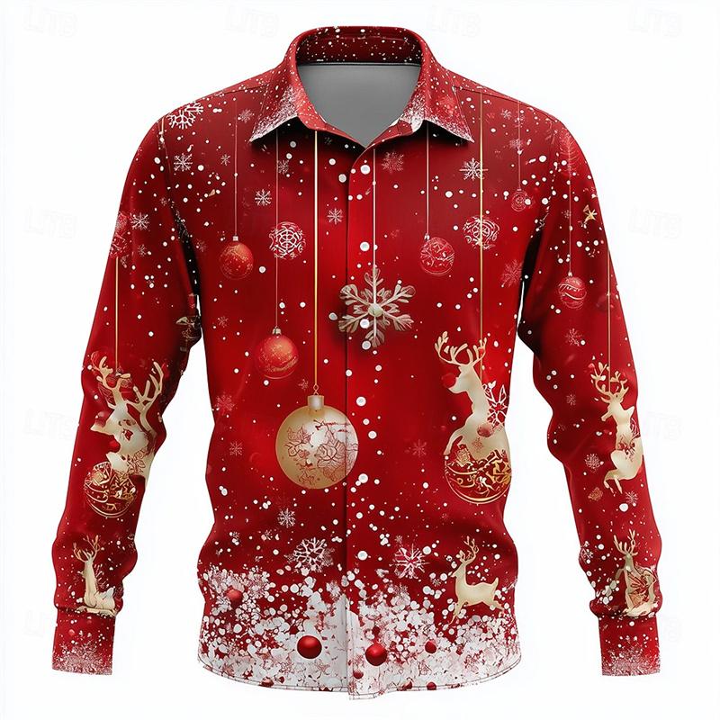 Christmas Men's Dress Shirt with Red Snowflake and Cedar Pattern, Black Lapel Bow Tie, Festive Party Style Men's Shirt