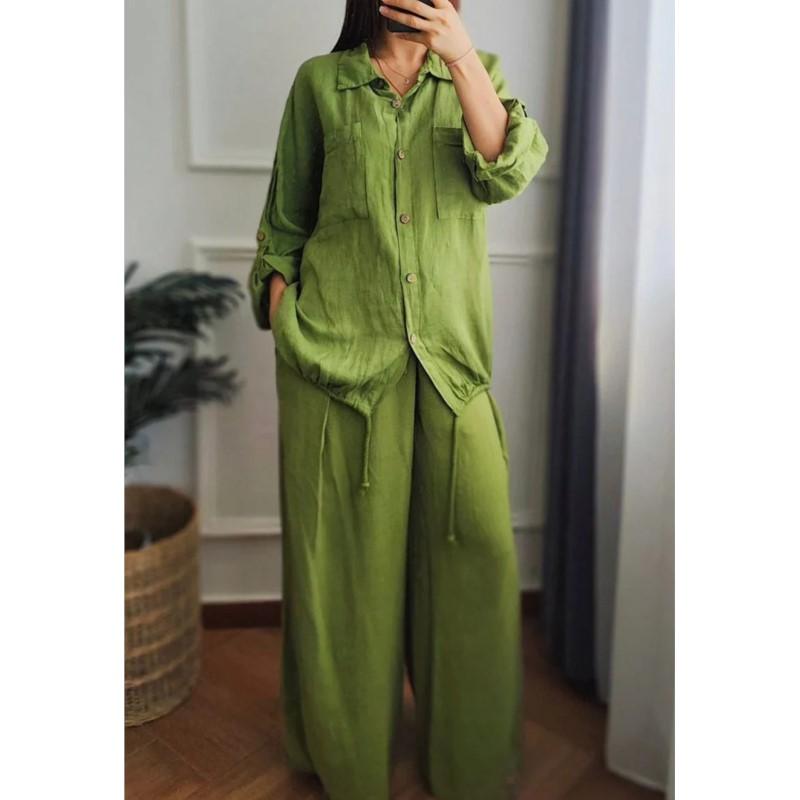 Women's Spring Casual Loose Cotton Linen Solid Shirt Wide Leg Pants 2-piece Set White Button Top Trousers Two Pieces Suits Women