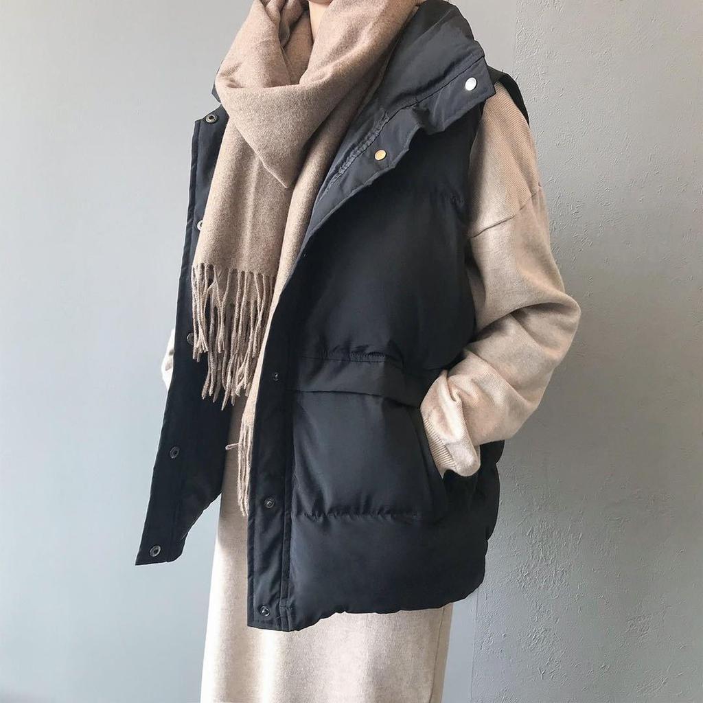 Autumn Winter Women Solid Loose Vest Drawstring Stand Collar Long Vest Jacket Cotton Padded Women Windproof Warm Waistcoat