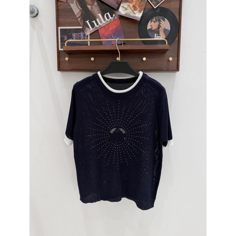 European Style Rhinestone Round Neck Knit Short Sleeve Casual Top - Summer 2026