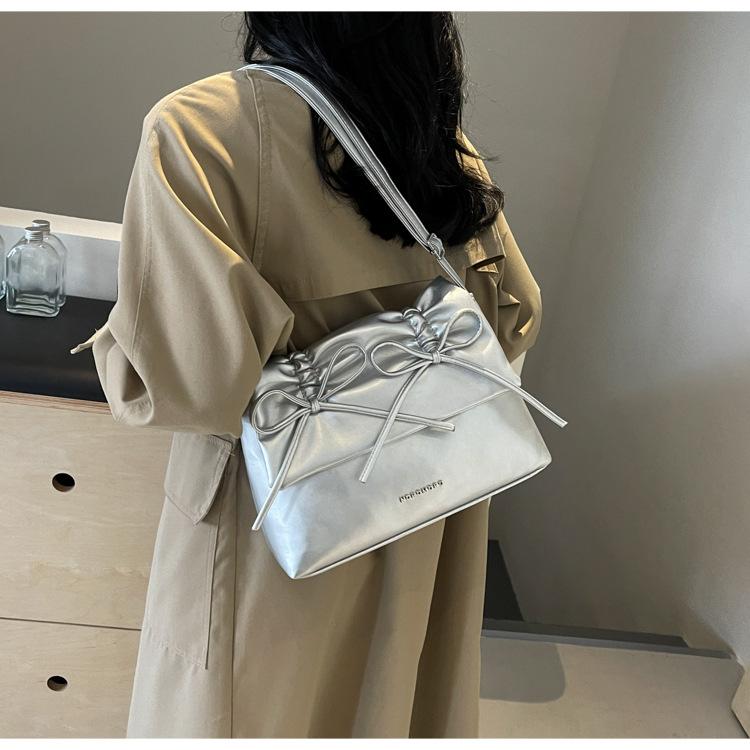 Women Bowknot Pu Shoulder Bag Large Capacity Bag With Adjustable Shoulder Strap Shopping Bag Stylish Fashion Solid Color Handbag