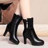 7cm 9cm Comfortable Elegant Women's Shoes Soft Leather Boots Autumn Winter 2026 Block High Heel Fur Mid Boots for Office Daily