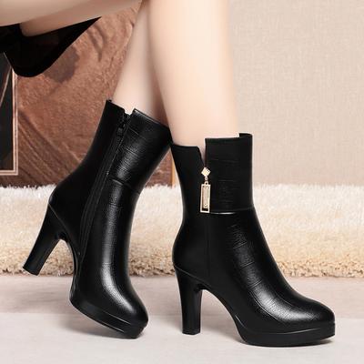 Zapatos de Mujer Cómodos Elegantes de 7cm 9cm Botas de Piel Suave Otoño Invierno 2025 Tacón Alto Bloque Botas de Media Caña con Pelo para Oficina Diarias