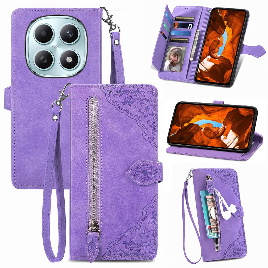 Handyhülle für Xiaomi Poco M8 5G/Redmi Note 15 5G (Global)/15 4G (Global) Reißverschluss-Portemonnaie mit Riemen, Blumenprägung, PU-Leder, Handyhülle