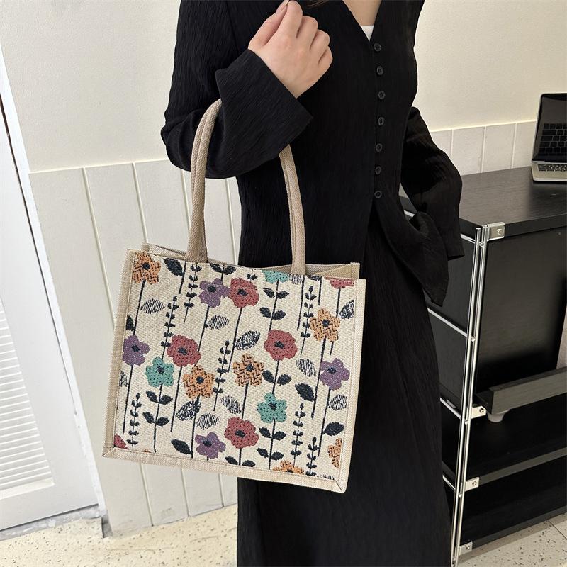 Simple and Fashionable Linen Flower Printing Handbag Women Fashion Commuter Shoulder Bags Tote Bag