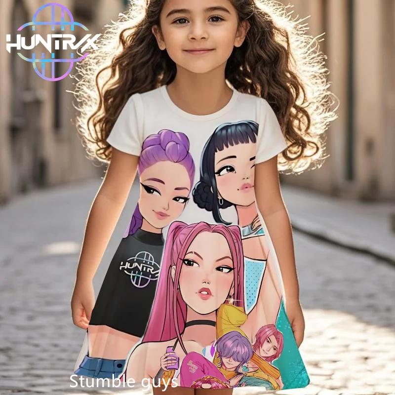 Kpop Demon Hunters Anime Girls Dress Summer Kids Cartoon Short Sleeve Beach Sundress Casual Nightgown