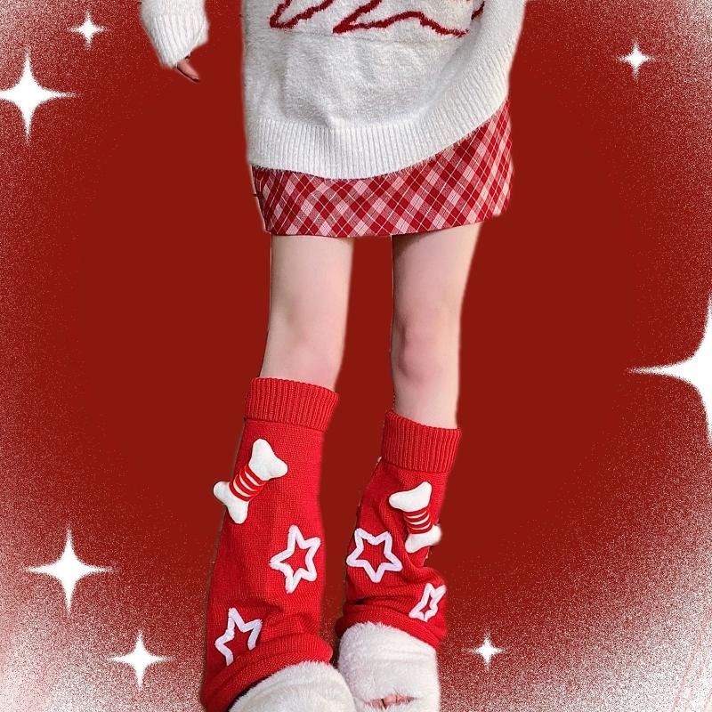 Meias longas Lolita femininas para outono e inverno, aquecedores de perna estilo Harajuku, adoráveis, com pequenos ossos em 3D e estrelas tricotadas, polainas para botas.