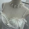 French Retro One-Shoulder Pearl Strap Lace Top with Chest Pads