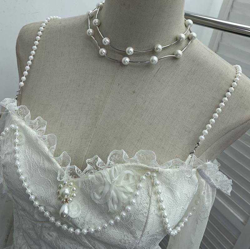 French Retro One-Shoulder Pearl Strap Lace Top with Chest Pads