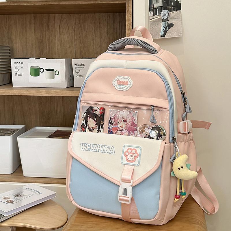 Color Blocked Fashionable Letter Printed Student Backpack With Pendant Daily For