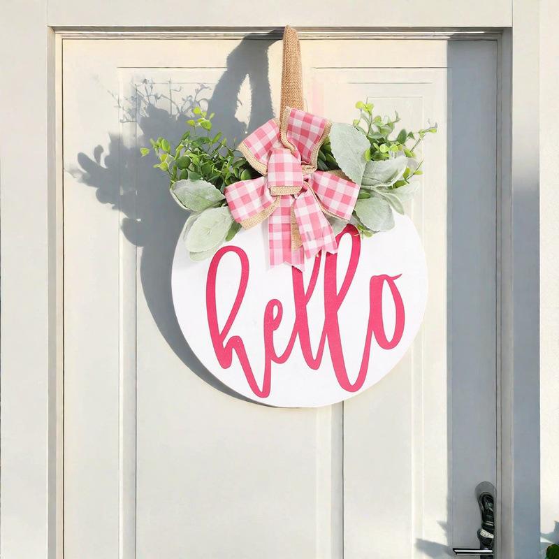 Wooden Round Welcome Sign Door Hanger with Bow Wreath Decoration for Home Entrance