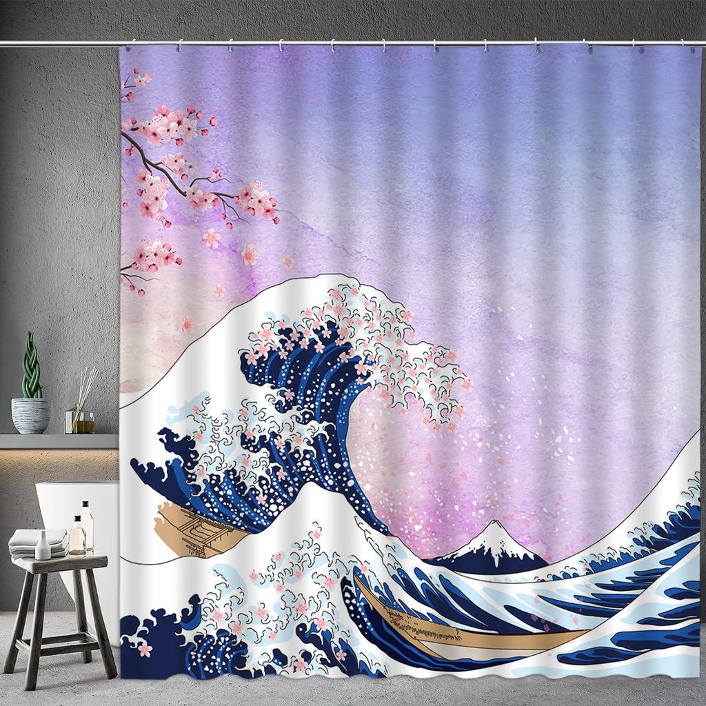 Asian Shower Curtain Japanese Traditional Black and White Mt. Fuji Cherry Blossom Fish Waves Red Sun Octopus Bathroom Decoration