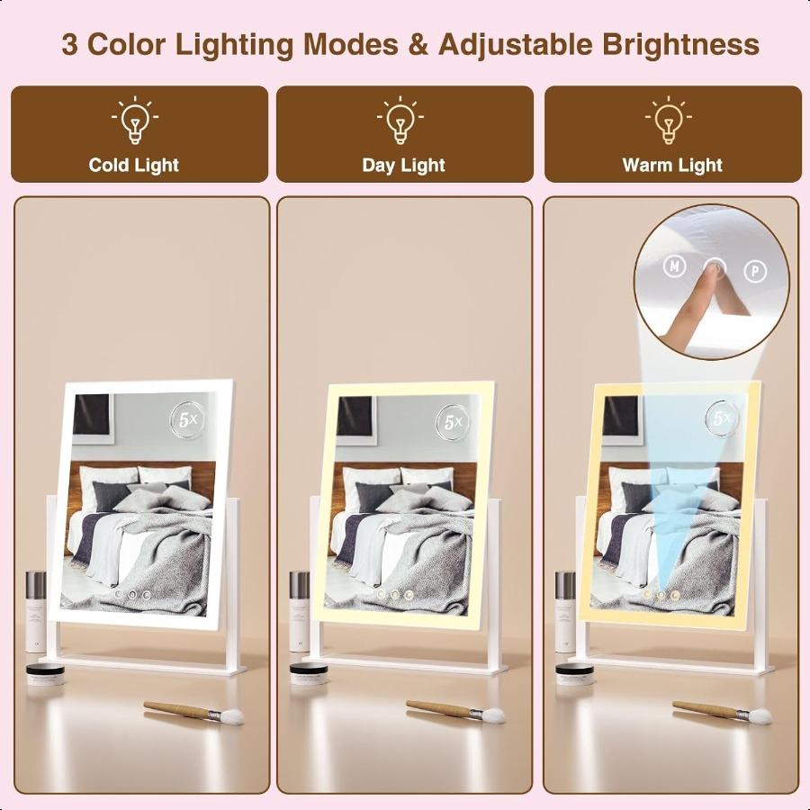 Lighted Makeup Mirror Hollywood Vanity Mirror with 5X Magnification Mirror 360Rotation Touch Control 3 Color Lighting for Desks