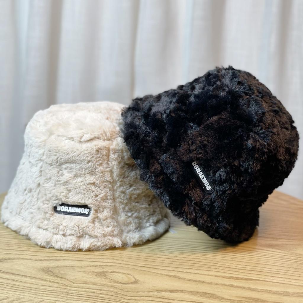 White Plush Fisherman Hat for Women in Autumn and Winter New Thickened and Warm Korean Style Versatile Leather Label Bucket Hat Trendy