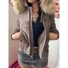 2KWEIRD Vintage Brown Fur Collar Hooded Jacket For Women Slim Fit Long Sleeve Pocket Coat New Female Autumn Winter Solid Streetwear