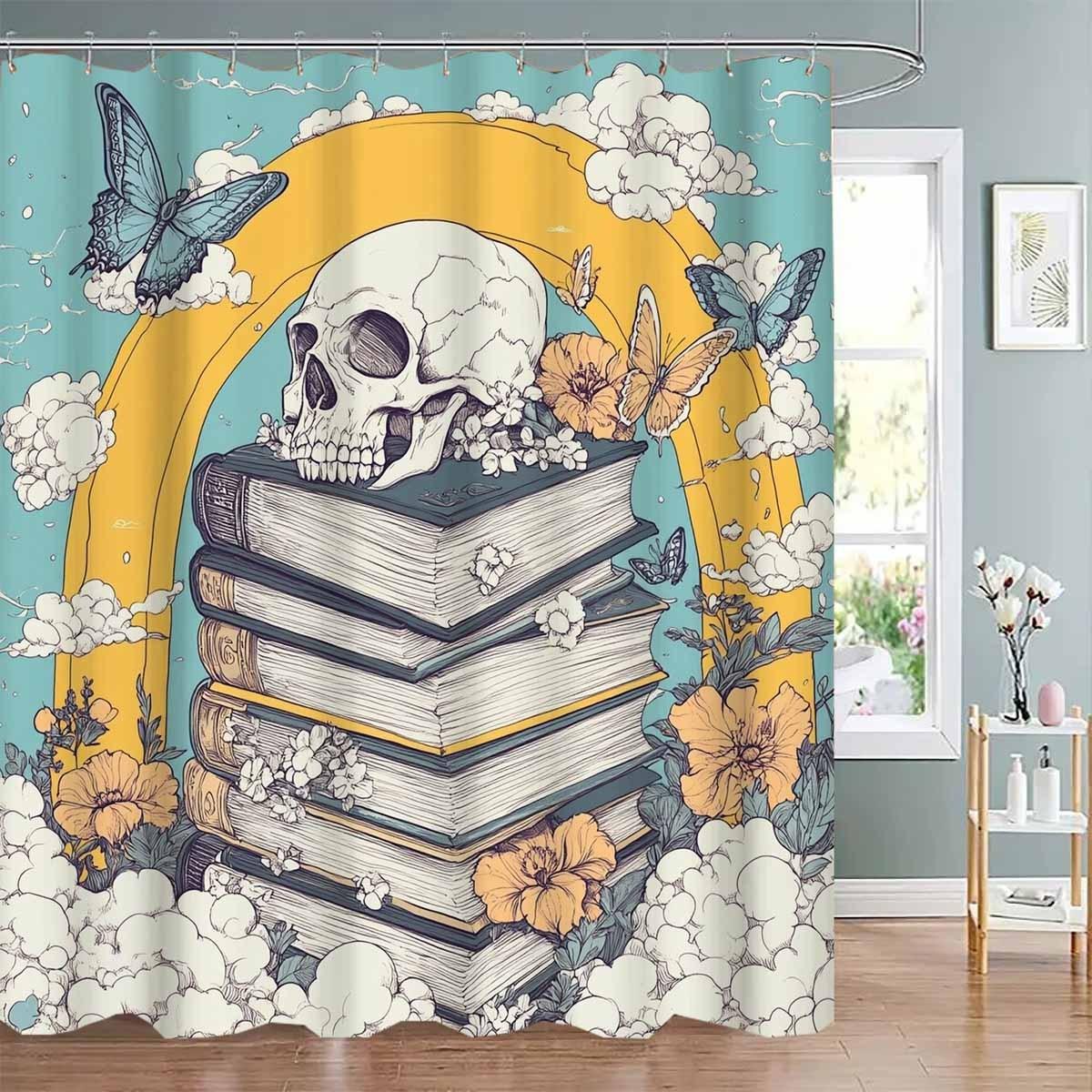 

1Pc A Vintage Window Book Butterfly Flower Skull Pattern Series Shower Curtain - With 12 Hooks, Machine Washable, Suitable W60H190(CM)-1 Pcs